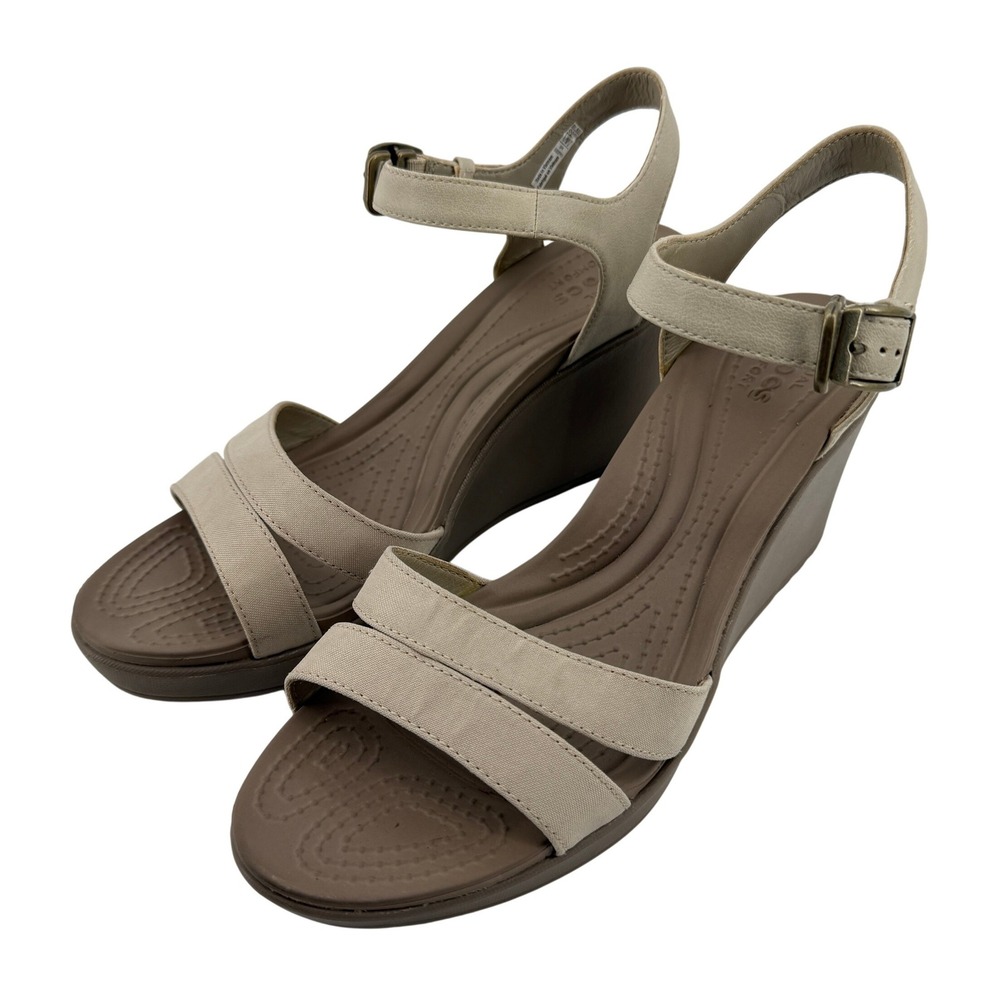 Crocs Leigh II Ankle Strap Wedge Sandal Beige Tan Women 10 Y2K Comfy Beach Vacay